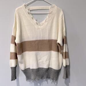 Moon & Madison Beige White Gray Striped Distressed Sweater Cut out Back Size L